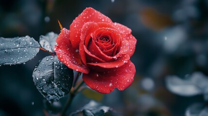 A red rose with dew drops on it