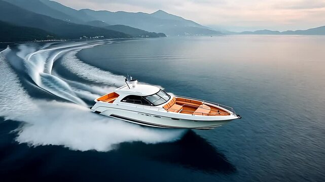 White speedboat on ocean. Mountains and a calm coast are visible in the background