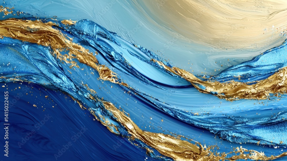 Poster bold strokes of blue and gold intertwine to form an abstract depiction of ocean waves. textured laye
