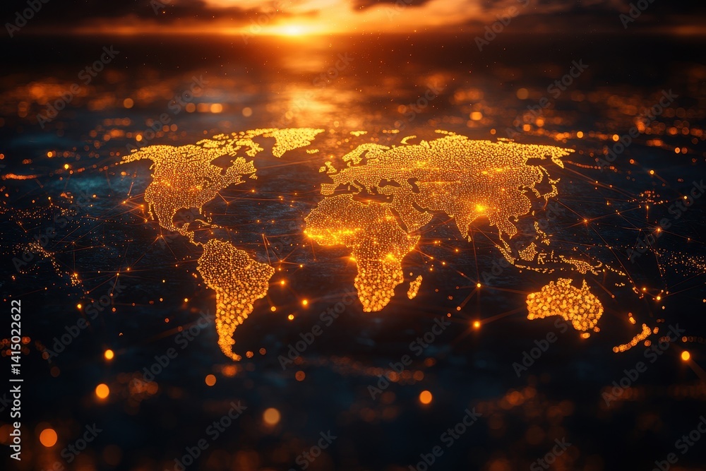 Poster illuminated world map with digital connections displayed at sunset, showcasing global networks and d