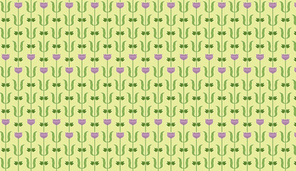 Seamless floral pattern featuring stylized purple tulips and green leaves on a yellow striped background, ideal for various design projects