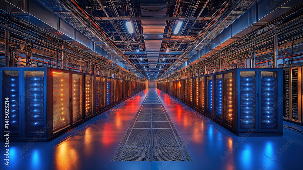 Poster high-risk environment in a data center corridor filled with rack servers and supercomputers in dange