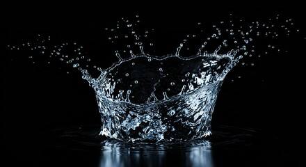 Dynamic splash of water against a pure black background. The water is a light, translucent blue-gray, depicting the intricate details of the droplets and the swirling, cascading motion of the spl