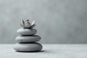 Serene Stack of Grey Stones Topped with Delicate Flower, Representing Tranquility and Balance