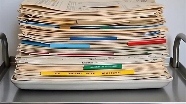 Stack of medical files and folders with colorful tabs on a metal trolley
