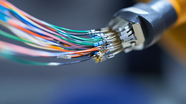 Cable connections high-precision wiring installation industrial workshop technical content close-up view engineering concept