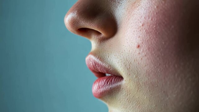 Profile of a young woman showing her lips after a cosmetology treatment for lip augmentation, highlighting the concept of beauty and aesthetic medicine