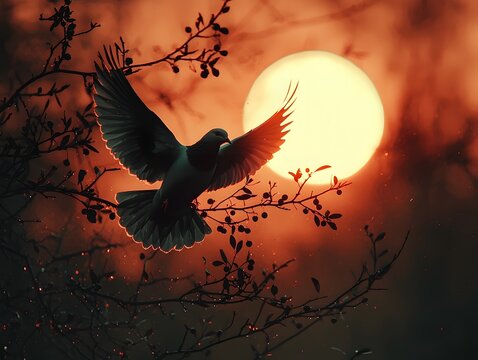 Dove silhouette flying toward the full moon