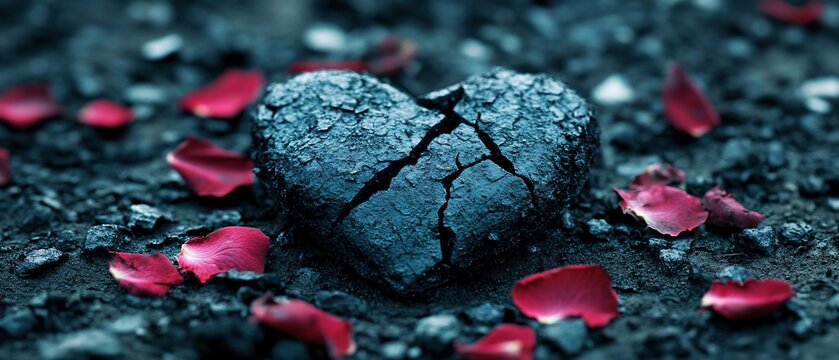 Broken heart surrounded by rose petals