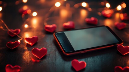Smartphone surrounded by small red hearts and warm fairy lights on a dark wooden surface.