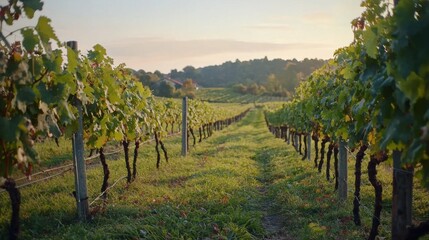 Naklejka premium Lush green grapevines stretch along neatly spaced rows in a vineyard as the sun sets, casting a warm glow over the landscape. The scene evokes tranquility and peace