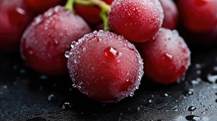 Frozen red grapes, glistening with frost and water droplets, close-up