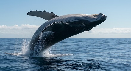 Obraz premium Whale Breaching Ocean Surface Leaping Into the Air
