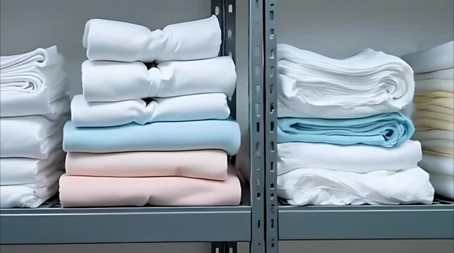 Stack of hospital bed sheets and blankets in a linen supply area