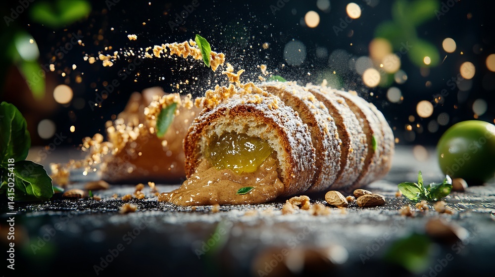 Poster homemade bread roll is drizzled with nuts and powdered sugar on a dark surface with blurred lights i