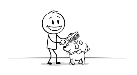 Happy Man Brushing His Dog Simple Stick Figure Illustration