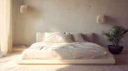 modern minimal bedroom corner with a wall sconce, framed photo, and neutral bed