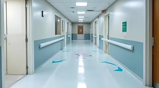 Empty hospital corridor with floor signage and sanitizer dispensers