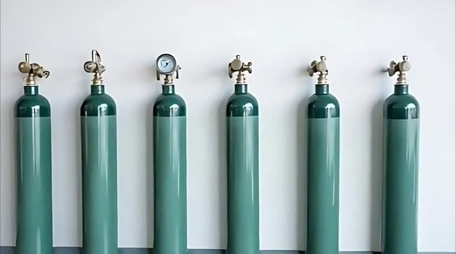 Row of oxygen tanks along a hospital wall