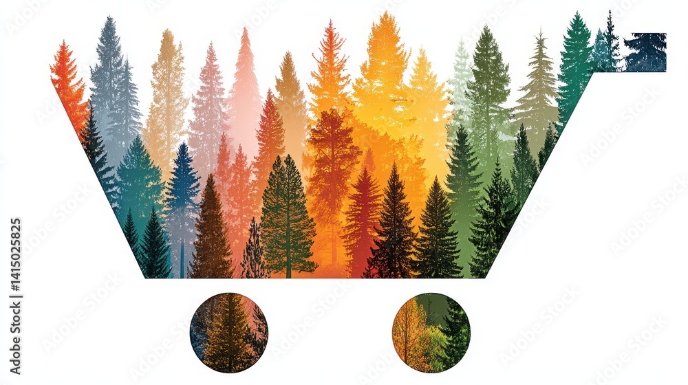 Poster artistic representation of a shopping cart filled with colorful forest trees in a minimalist pastel 