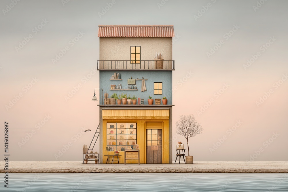 Poster minimalist house design with double exposure effect and calm color palette for creative projects