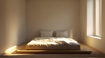 modern minimal bedroom corner with a wall sconce, framed photo, and neutral bed