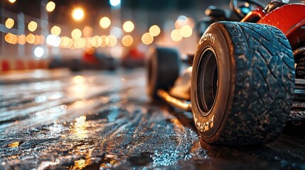 A racing kart sits on a damp surface, its tire prominently displayed. The backdrop features blurred lights from the event, creating an energetic nighttime atmosphere