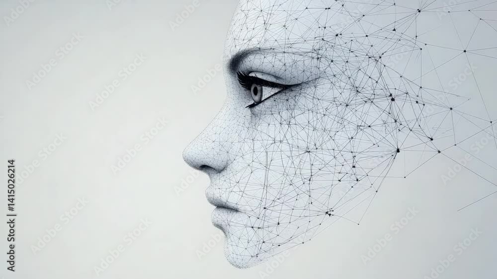 Poster futuristic human face concept with wireframe structure and digital elements in monochrome style