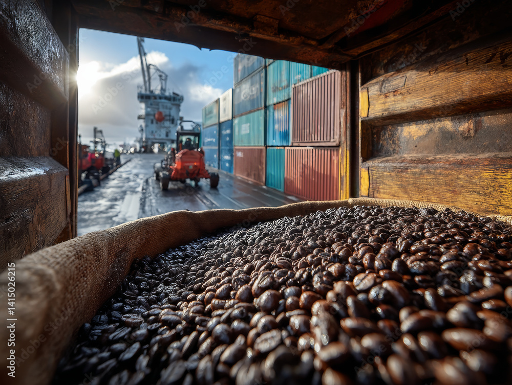Poster coffee beans in burlap sack being unloaded from shipping container at busy port, with cranes and con