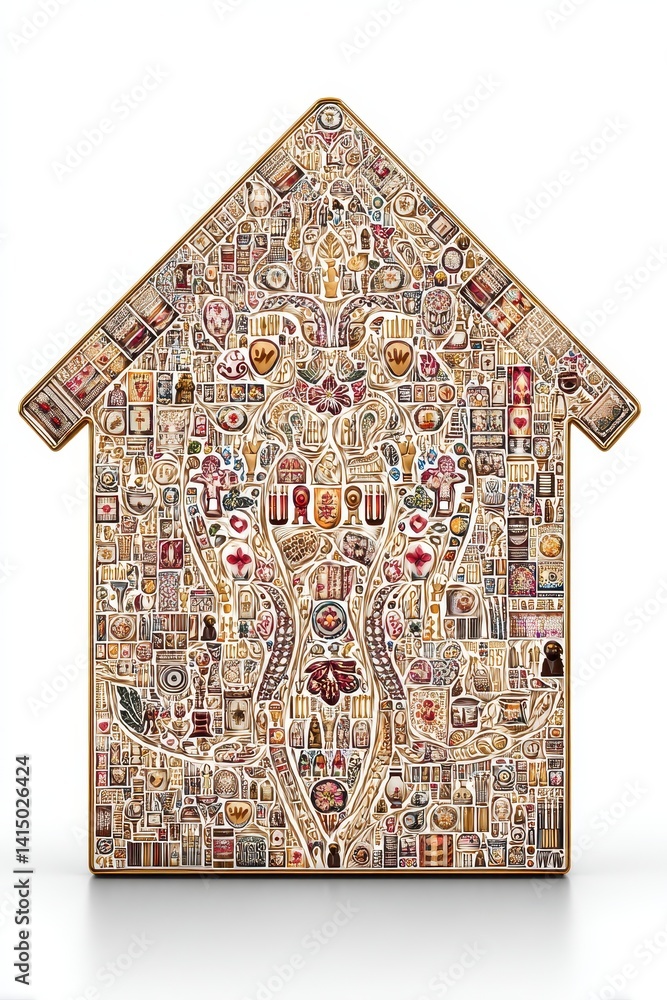 Poster intricate minimalist house design featuring a unique double exposure effect with various elements