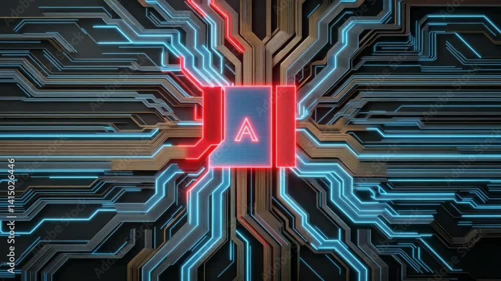 Poster abstract circuit design with geometric lines and bold letter a in center, dark background with color