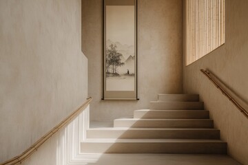 Warm light filters through serene staircase, enhancing minimalis