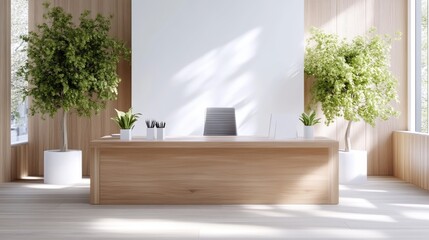 Fototapeta premium Modern, minimalist reception desk in a bright, airy space. Natural light floods the room, highlighting the warm wooden tones. Two potted trees flank a blank wall, adding a touch of nature