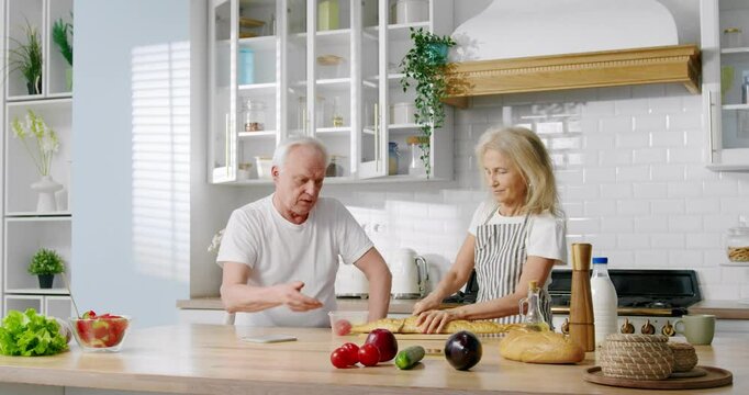 Aged spouses chatting at kitchen, woman cutting fresh bread, cooking dinner. Happy married couple, calm weekend at home with cozy interior, cheerful wife and grumpy husband, cute grandma and grandma