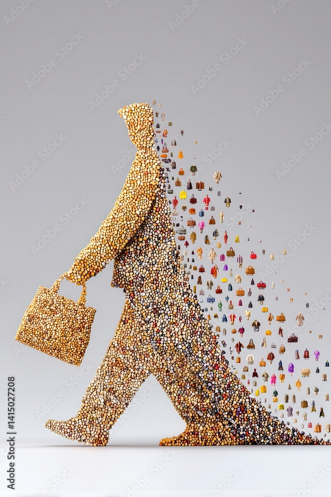 Poster conceptual minimalist art of a person walking with colorful objects representing everyday life