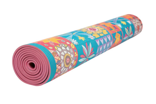 PNG Vibrant multicolor patterned yoga mat with mandala and floral designs