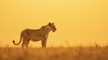 Fototapeta premium Golden Hour Lioness A Majestic Creature Stands Silently in the Savannah Grass