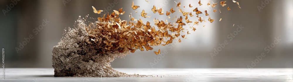 Poster artistic double exposure concept of butterflies emerging from soil with abstract background