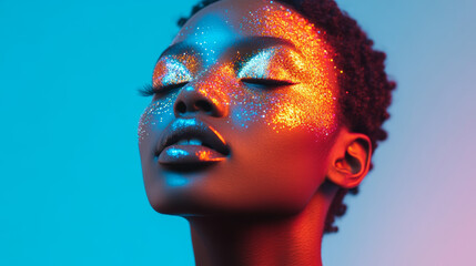 Vibrant makeup artistry celebration studio portrait photography colorful environment close-up view self-expression