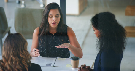 Business people, feedback and women in office, planning and coaching for financial report....