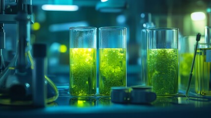 Bioluminescent algae research in laboratory setting with science equipment