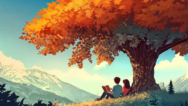 a couple sitting under a tree enjoying the view