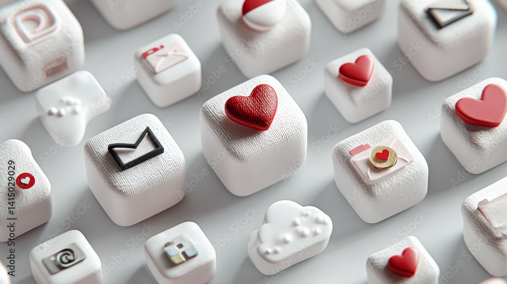 Poster 3d icons of mail, heart, and cloud float in repeating pattern, creating playful and modern design