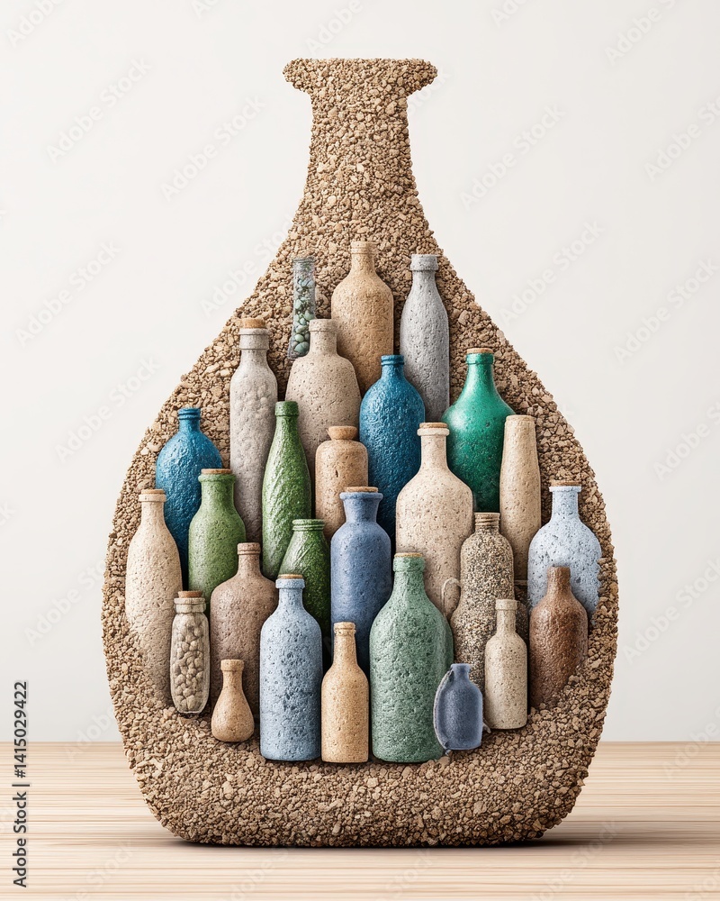 Poster unique art display of colorful bottles in a sculptural arrangement on a neutral background