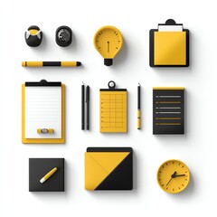 Flat vector task board, yellow and black icons, white background, 3D illustration