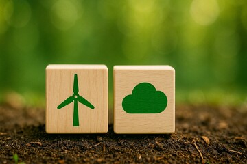 Eco-Friendly Concept with Wooden Blocks Featuring Green Energy Symbols on Soil Background