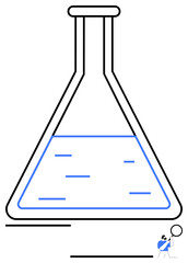 Glass flask with transparent liquid, small scientist figure analyzing contents. Ideal for science, research, laboratory, innovation, education, chemistry, simple landing page