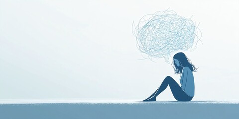 Young woman sitting with tangled thoughts in a calm, minimalistic setting during daylight