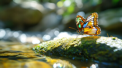 Close-up of a butterfly with iridescent wings resting on a mossy rock near a tranquil stream 