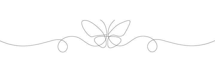 Butterfly in One continuous line drawing. Beautiful flying moth for wellbeing beauty or spa salon logo and divider concept in simple linear style. Editable stroke. Doodle vector illustration .EPS 10 .